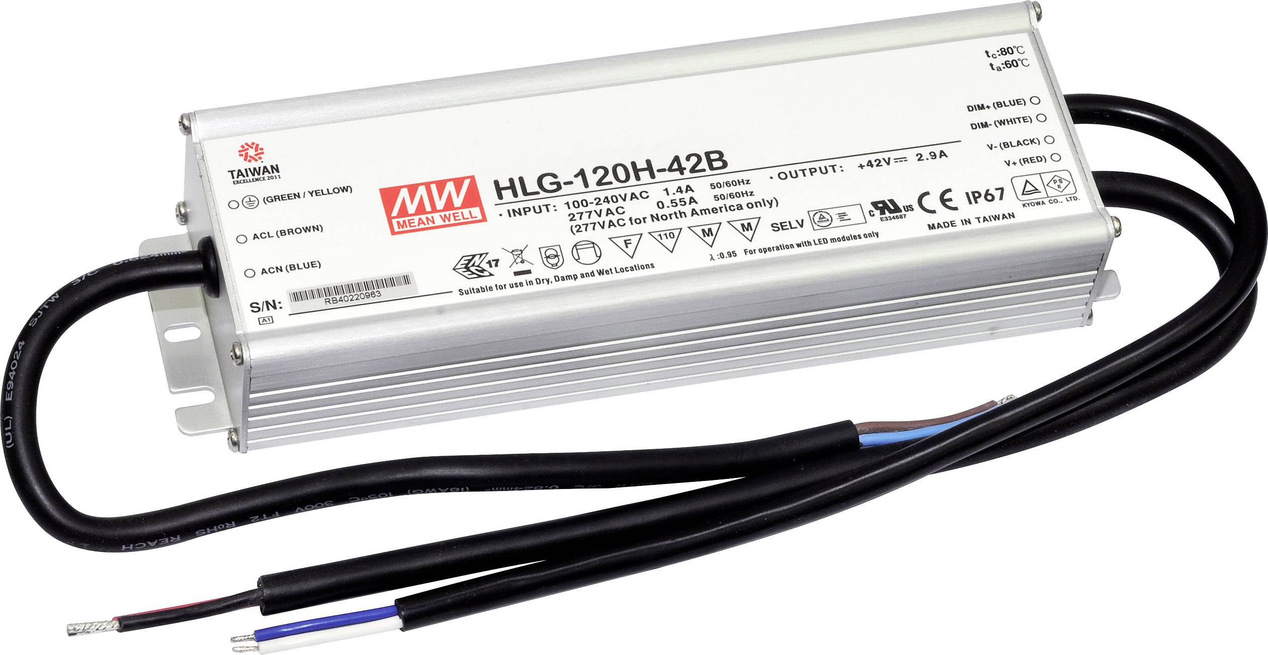 Ein silberner LED-Treiber mit der Aufschrift 'HLG-120H-42B'. Er hat Anschlüsse und Kabel für den elektrischen Anschluss an Beleuchtungen.