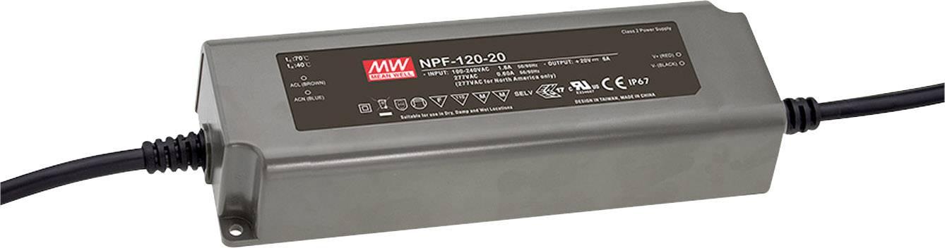 Ein rechteckiges elektrisches Stromversorgungsteil mit Aufkleber, das Modell und Spezifikationen zeigt, verbunden mit zwei Kabeln.
