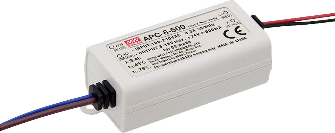 Ein rechteckiges Netzteil mit Beschriftung. Eingang: 90-264VAC, 0.3A, 50/60Hz. Ausgang: 500mA. CE-Kennzeichnung, Herstellername sichtbar.