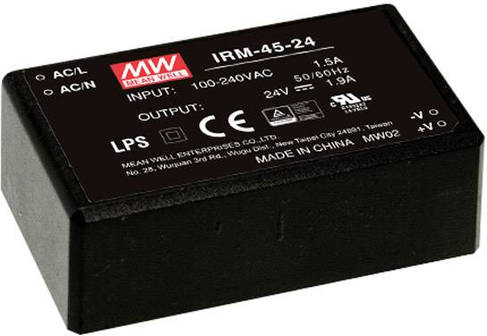 Schwarzes Netzteil von Mean Well mit Spezifikationen: 'INPUT: 100-240VAC, 50/60Hz, 1.5A; OUTPUT: 24V, 1.9A'. Made in China.