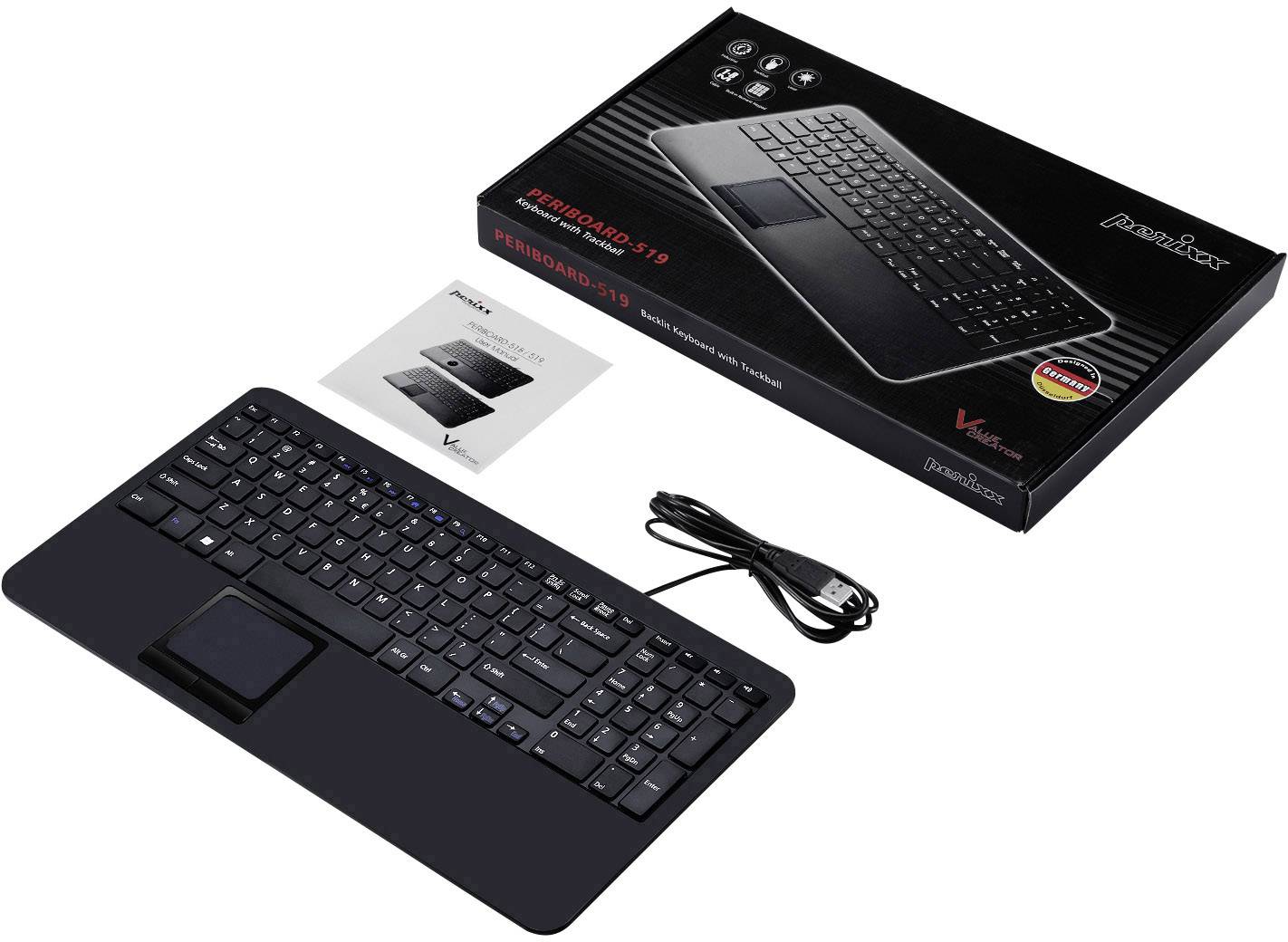 Perixx PERIBOARD-519HDE USB Tastatur Deutsch, QWERTZ Schwarz Integriertes Touchpad, USB-Anschluss