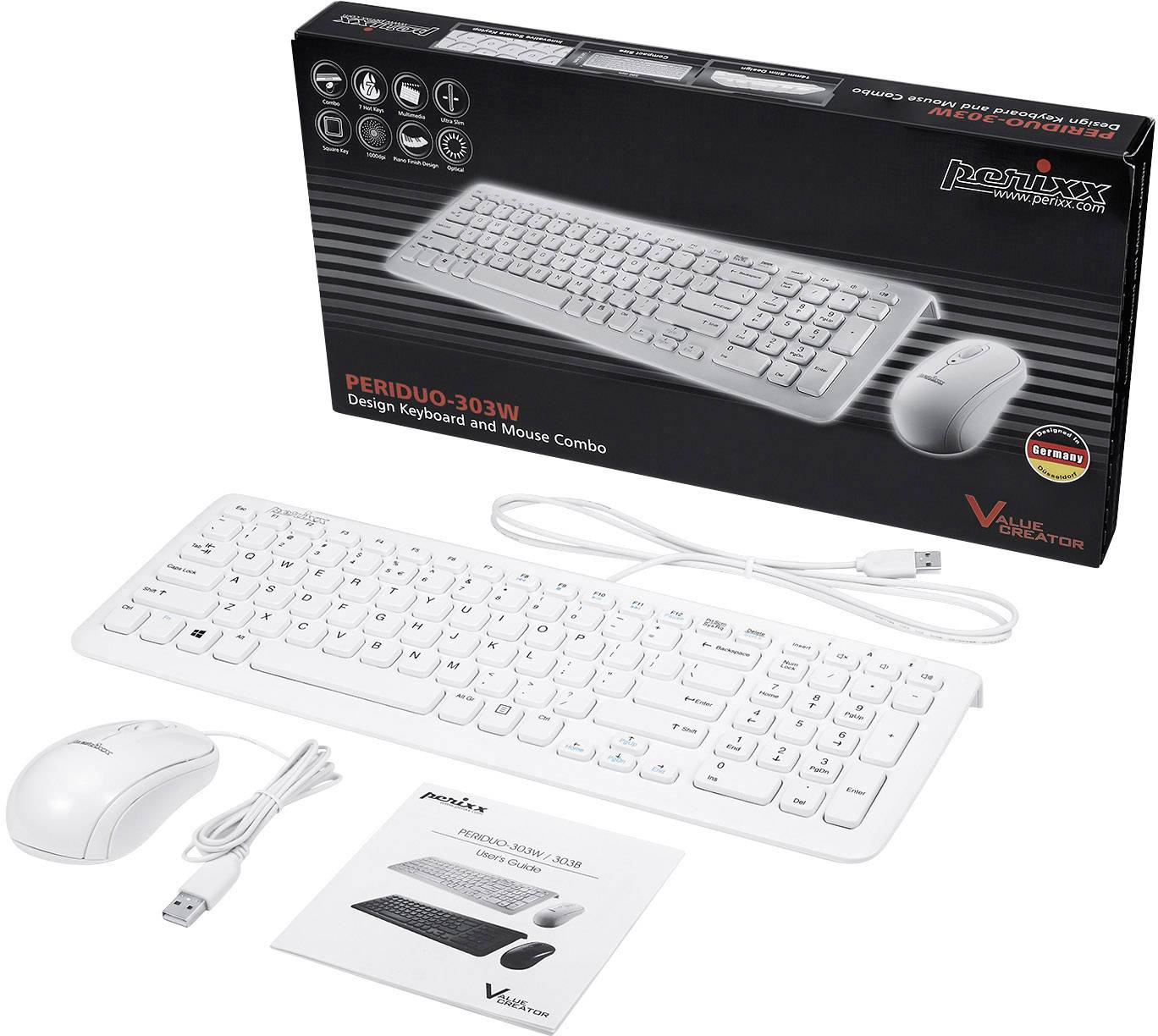Perixx PERIDUO-303WDE USB Tastatur, Maus-Set Deutsch, QWERTZ Weiß