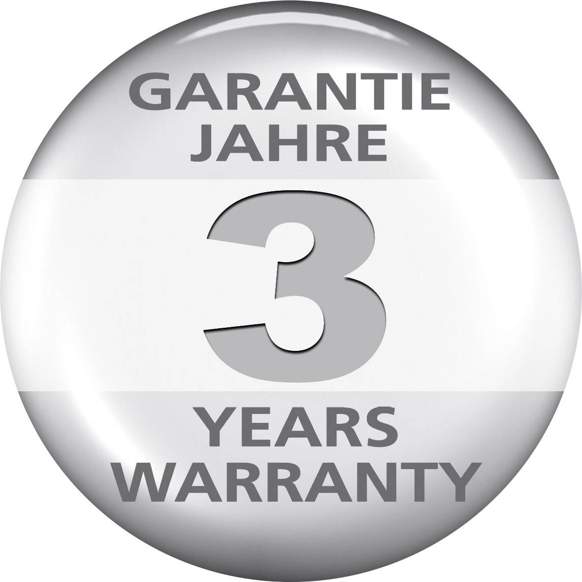 Button zeigt '3 JAHRE GARANTIE, 3 YEARS WARRANTY' in Schwarz auf silbernem Hintergrund.