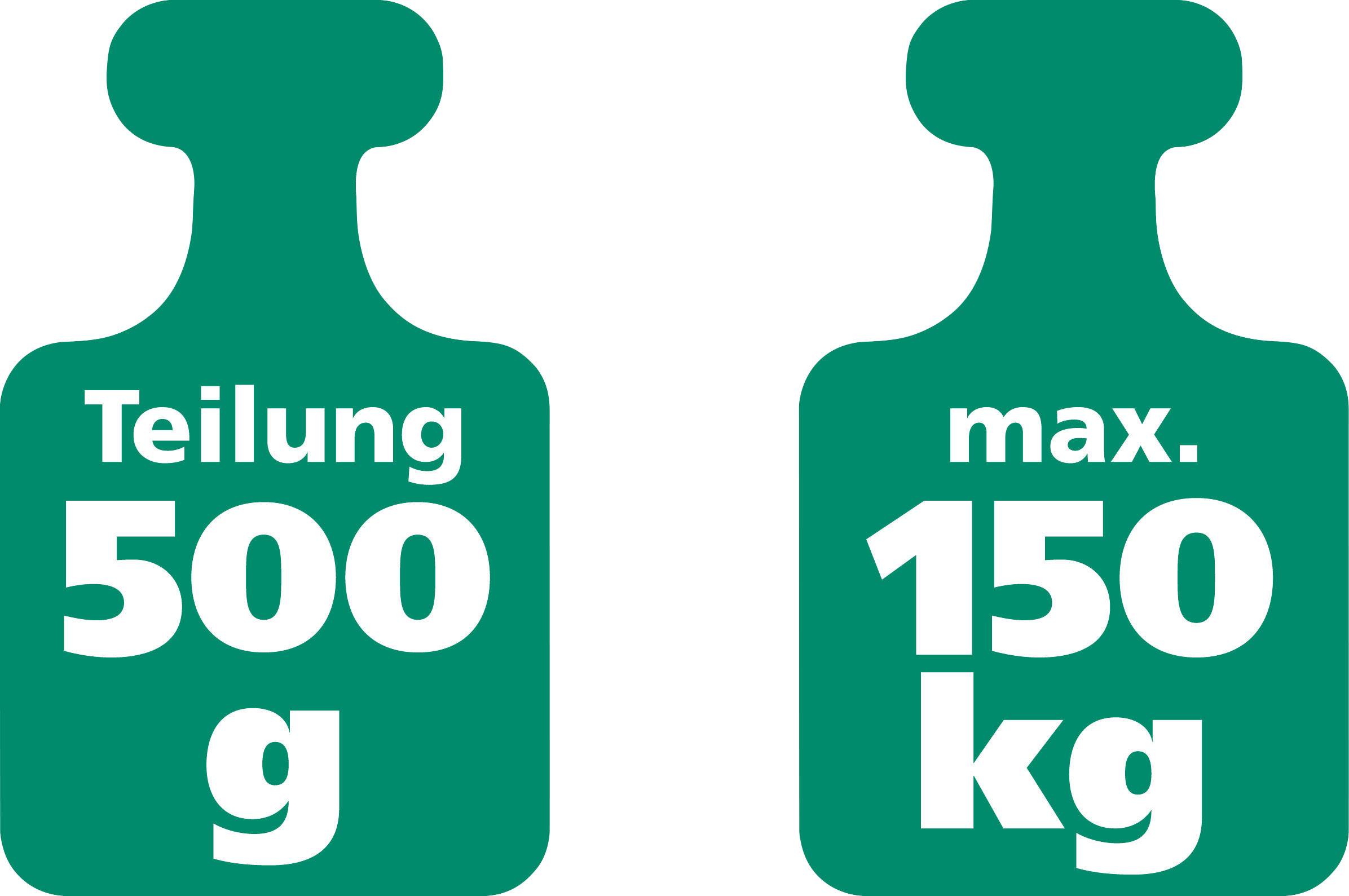 Grünes Bild mit zwei Gewichten: Links 'Teilung 500 g', rechts 'max. 150 kg'. Indikatoren für Gewichtslimit und Teilung.
