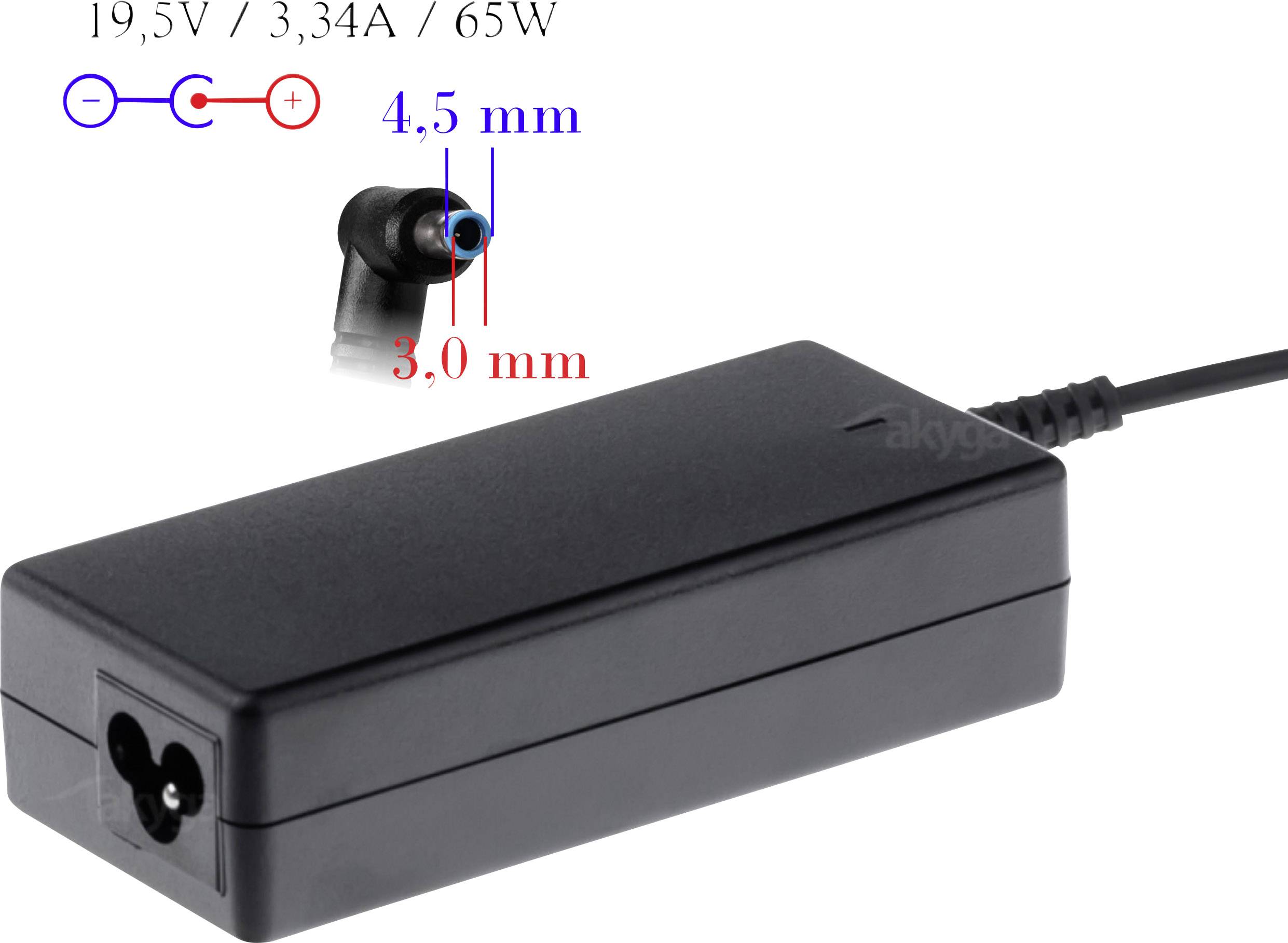 Das Bild zeigt ein schwarzes Netzteil mit einer Spezifikation von '19,5V / 3,34A / 65W'. Der Stecker hat einen Durchmesser von 4,5 mm x 3,0 mm.