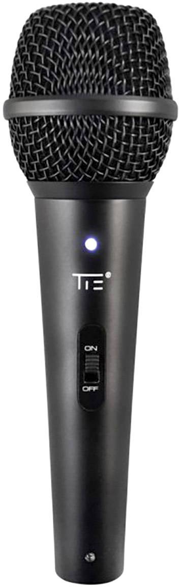 Schwarzes, kabelgebundenes Mikrofon mit Ein-/Ausschalter und leuchtender LED-Anzeige. Ideal für Gesangs- oder Sprachaufnahmen.