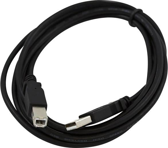 Schwarzes USB-Kabel mit einem Standard-USB-Stecker und einem USB-B-Stecker, geeignet für Drucker oder Scanner-Verbindungen.