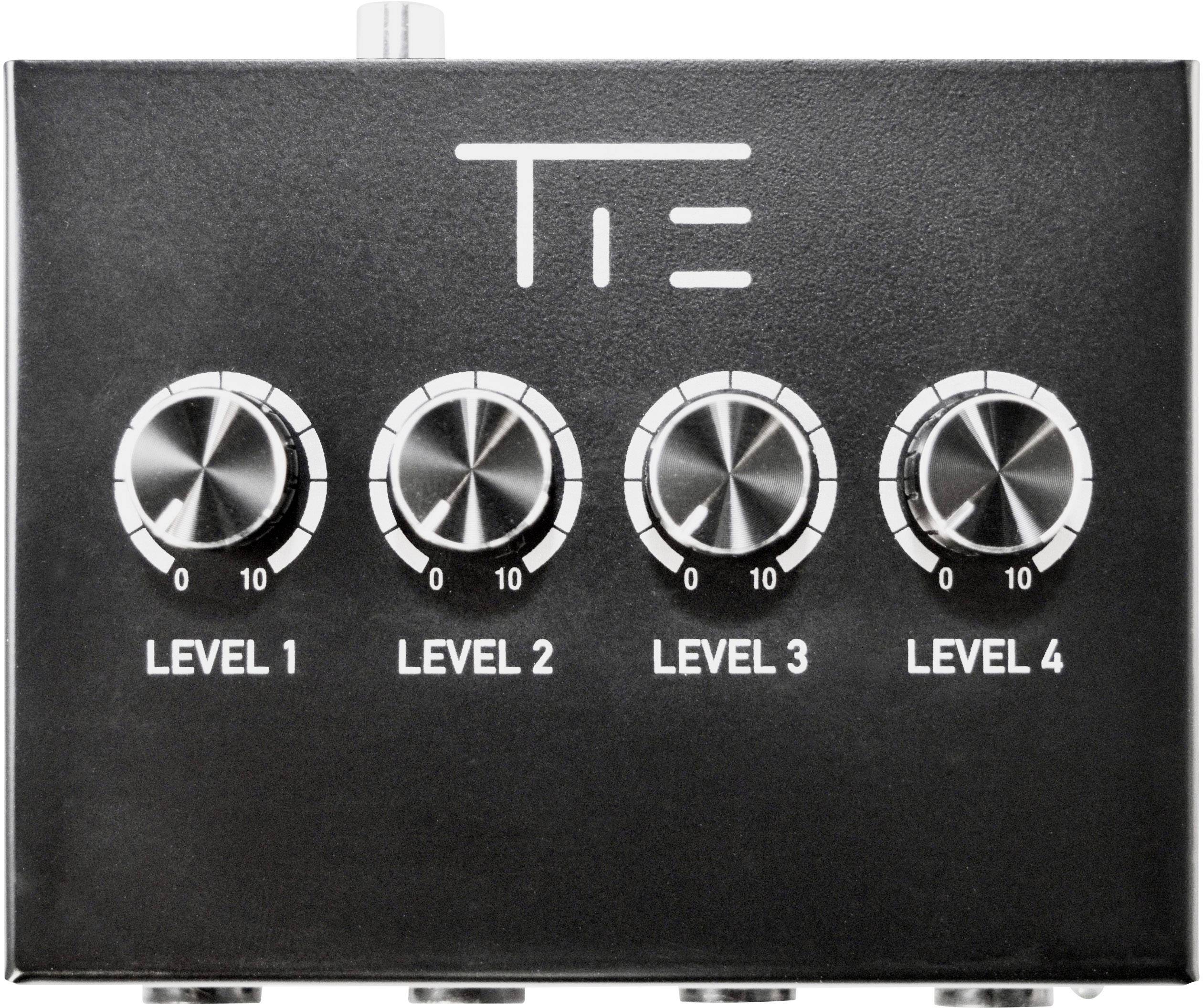 Schwarzes Audiogerät mit vier Drehreglern, beschriftet 'Level 1' bis 'Level 4'. Regler stehen alle auf Stufe 0.