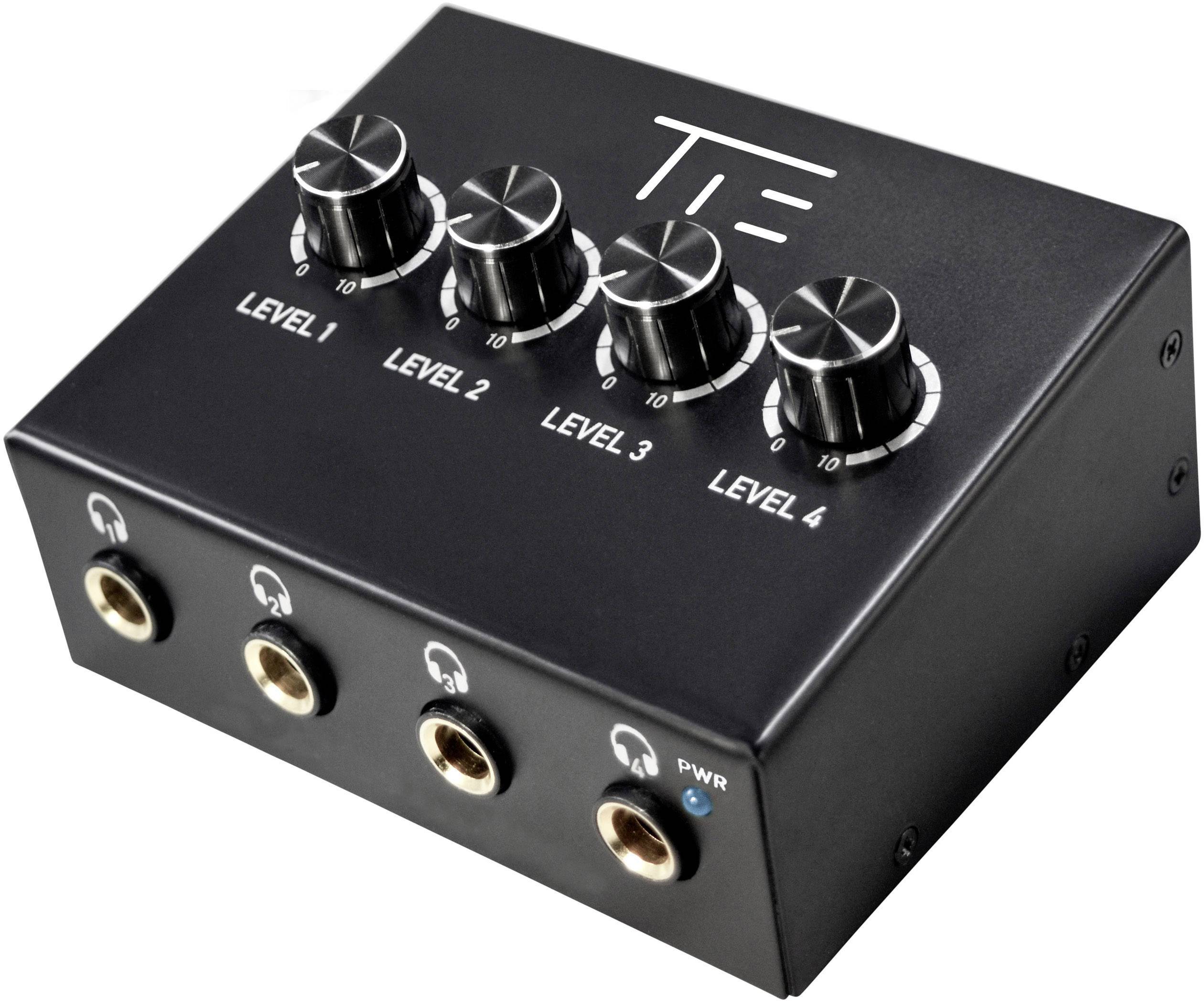 Ein schwarzer Audio-Verstärker mit vier Drehknöpfen für 'Level 1' bis 'Level 4' und vier Kopfhöreranschlüssen auf der Vorderseite.