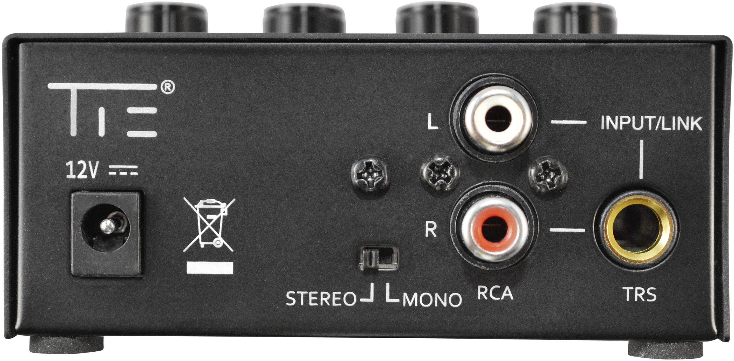 Rückseite eines Audiogeräts mit Anschlüssen: 12V Strom, Stereo/Mono-Schalter, RCA und TRS Buchsen, links und rechts markiert.