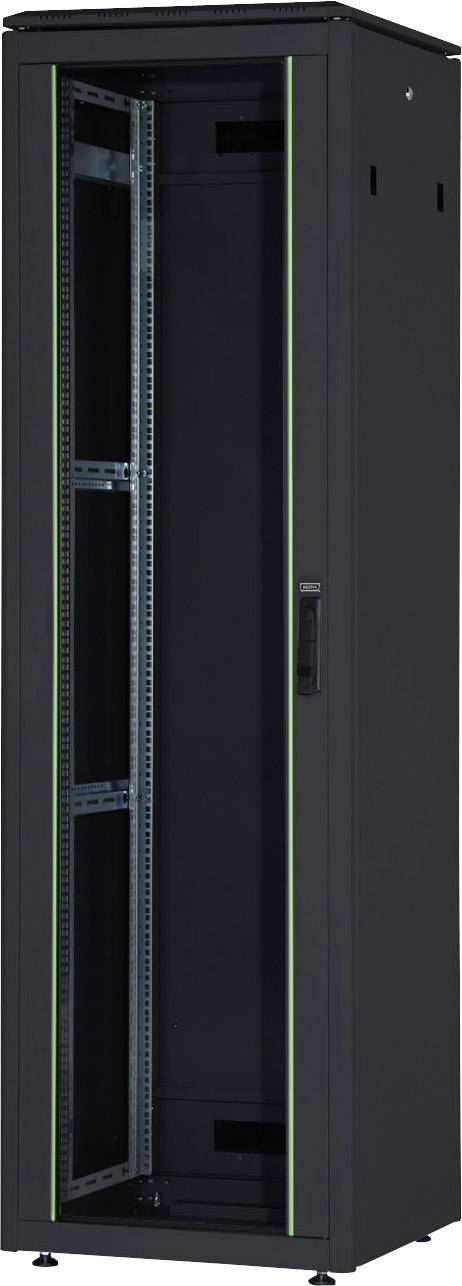 Ein schwarz lackierter Server-Rack-Schrank mit Glastür, geeignet zur Aufnahme von IT- und Netzwerkgeräten, auf einem weißen Hintergrund.