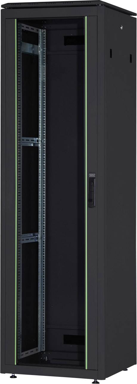 Ein schwarzes, leeres Server-Rack mit Glastür, freistehend. Geeignet zur Unterbringung von Netzwerkgeräten und Server-Hardware.