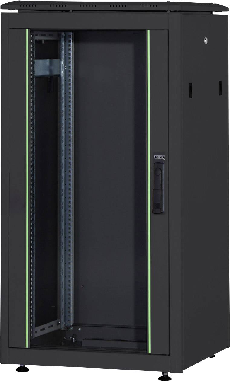 Schwarzer Netzwerkschrank, groß, mit Glastür, offener Innenraum, geeignet für Server- oder Elektronikverkabelung.