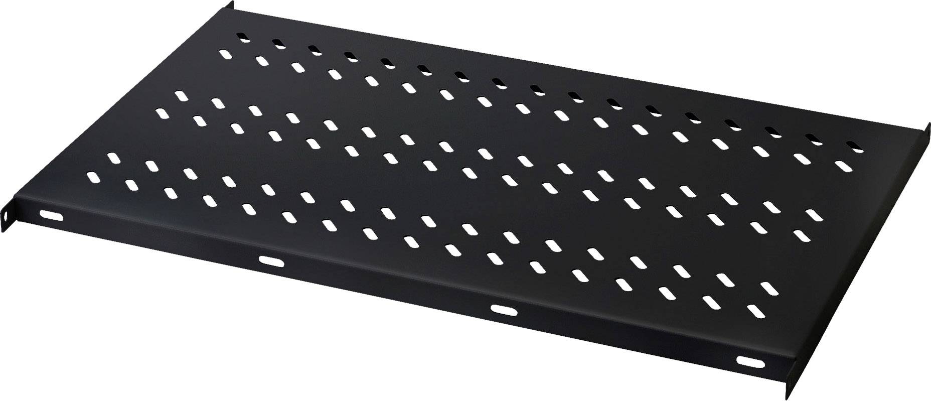 Schwarze Metallplatte mit rechteckigen Löchern zur Belüftung, geeignet für technische Anwendungen oder als Ablage in Racks.