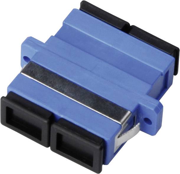 Ein blauer optischer Adapter mit zwei schwarzen Buchsen. Er verbindet Glasfaserkabel zur Signalübertragung.
