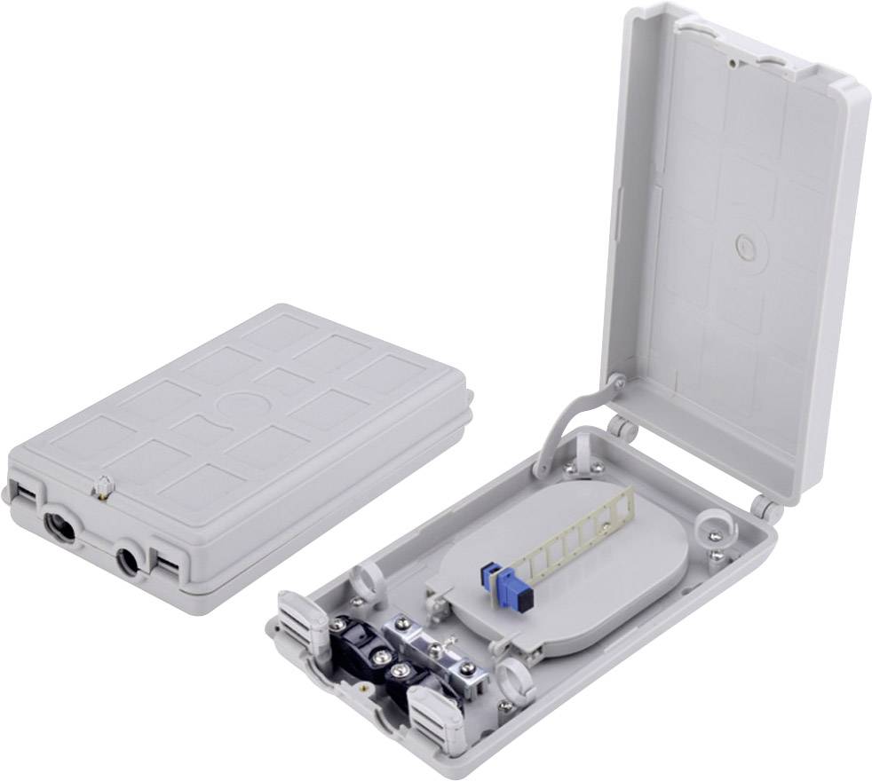 Ein geöffnetes und ein geschlossenes Gehäuse für Glasfaseranschlüsse, beide in Weiß, zeigen innenliegende Anschlüsse und Kabelmanagement.
