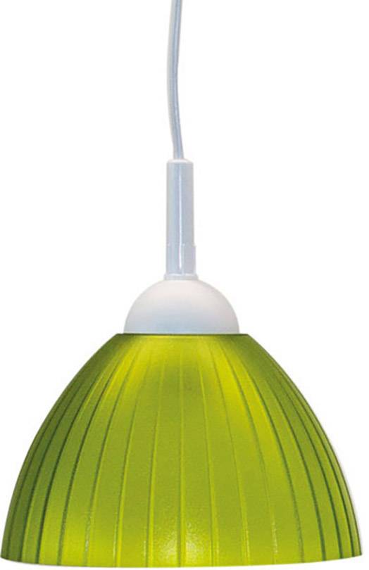 Grüne Pendelleuchte mit weißem Kabel, schlichtes Design. Hauptlichtquelle für Wohnräume.