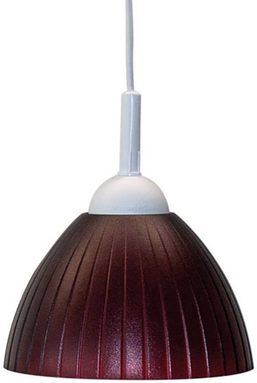 Eine hängende, runde Lampe mit rotem Schirm und weißer Halterung. Sie hat ein modernes, minimalistisches Design.