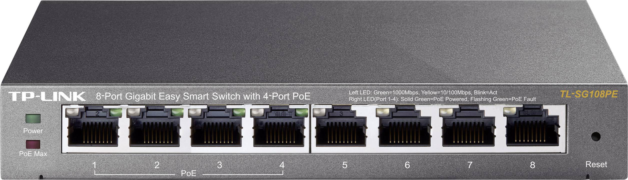 Ein TP-Link 8-Port Gigabit Smart Switch mit 4 PoE-Ports, Modell TL-SG108PE. Ausgelegt für Netzwerke, LEDs zeigen Status an.