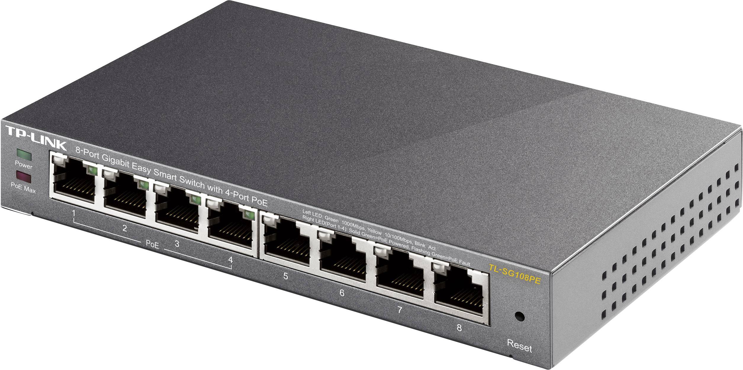 Ein 'TP-Link' 8-Port Gigabit Easy Smart Switch mit 4 PoE-Ports. Das Gerät ist grau und für Netzwerkverbindungen konzipiert.