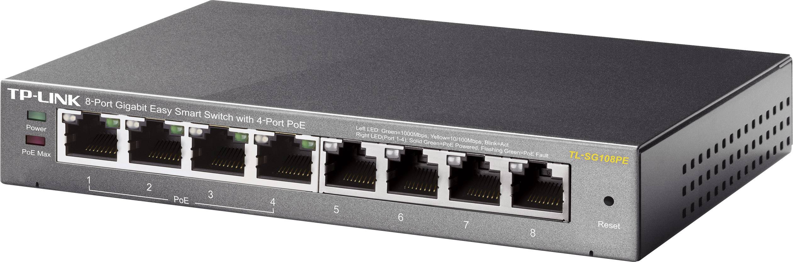 'TP-Link 8-Port Gigabit Easy Smart Switch mit 4 PoE-Ports'. Zeigt acht Ethernet-Ports und Power-LEDs für Netzwerkverbindungen.