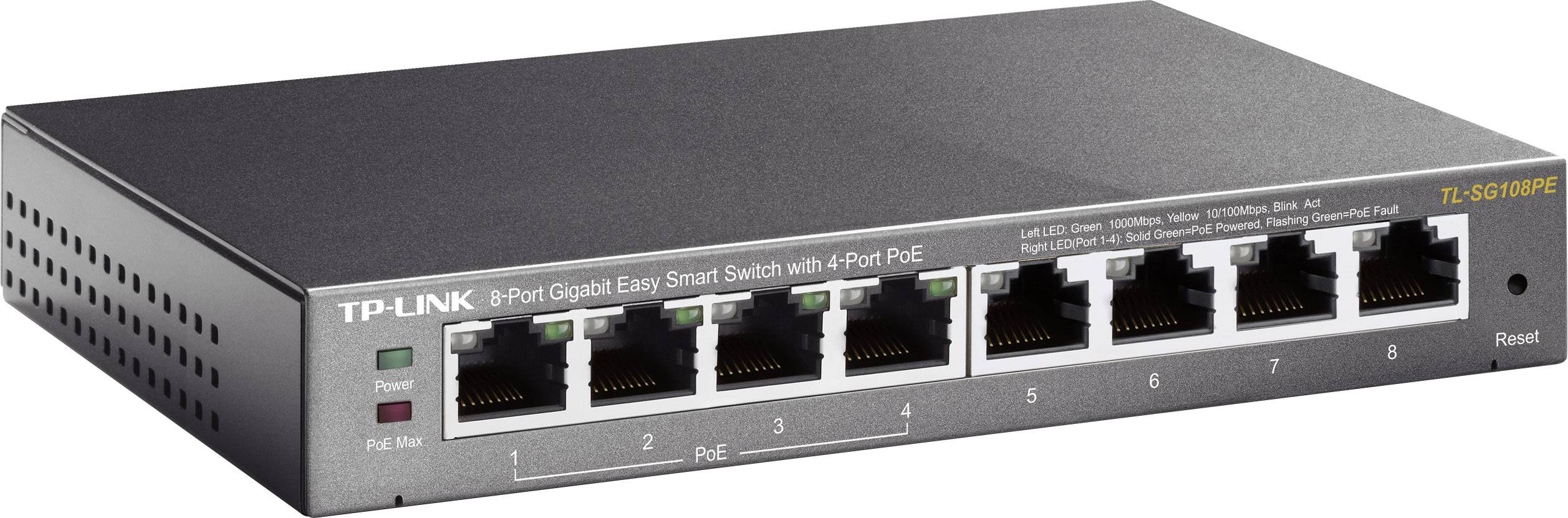 'TP-Link 8-Port Gigabit Easy Smart Switch' auf grauem Gehäuse, mit 8 Ethernet-Ports und PoE-Unterstützung.