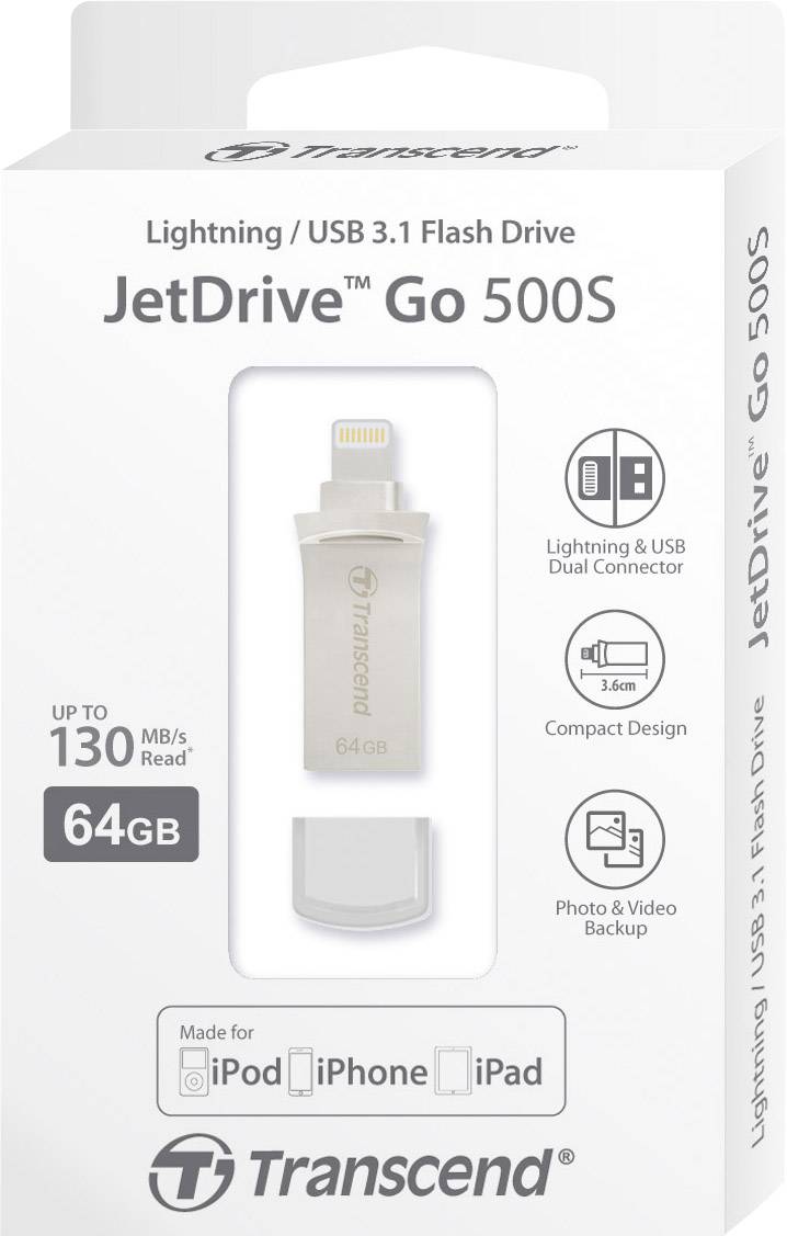 Transcend JetDrive™ Go 500 USB-Zusatzspeicher Smartphone/Tablet Silber 64 GB USB 3.2 Gen 2 (USB 3.1), Lightning