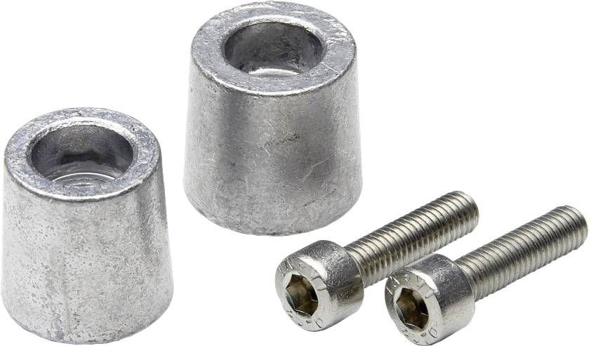 Zwei zylindrische Metallabstandshalter und zwei Schrauben. Abstandshalter haben vertiefte Öffnungen. Schrauben mit Innensechskantkopf.