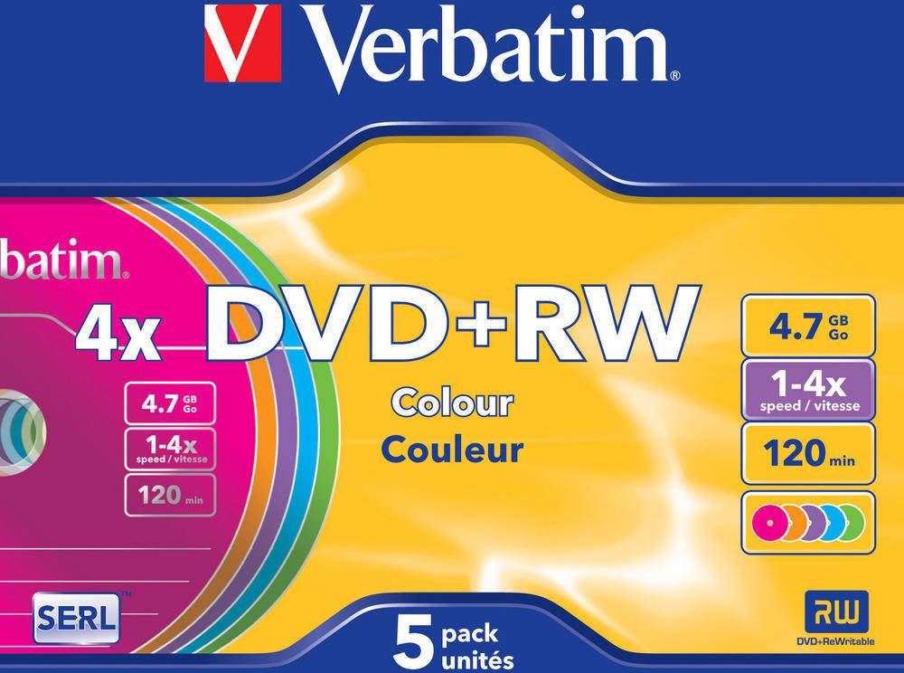 Verbatim 43297 DVD+RW Rohling 4.7GB 5 St. Slimcase Farbig
