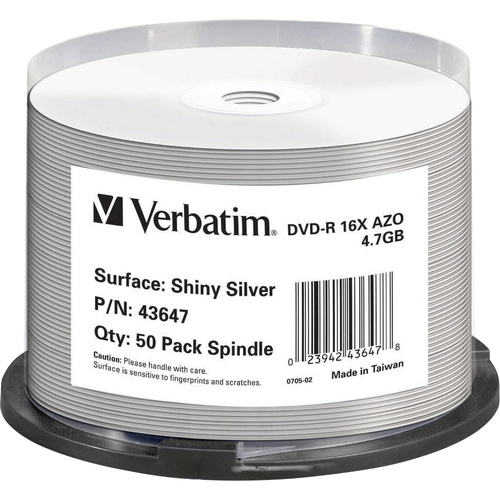 Verbatim 43647 DVD-R Rohling 4.7 GB 50 St. Spindel Hochglanz Oberfläche, Bedruckbar
