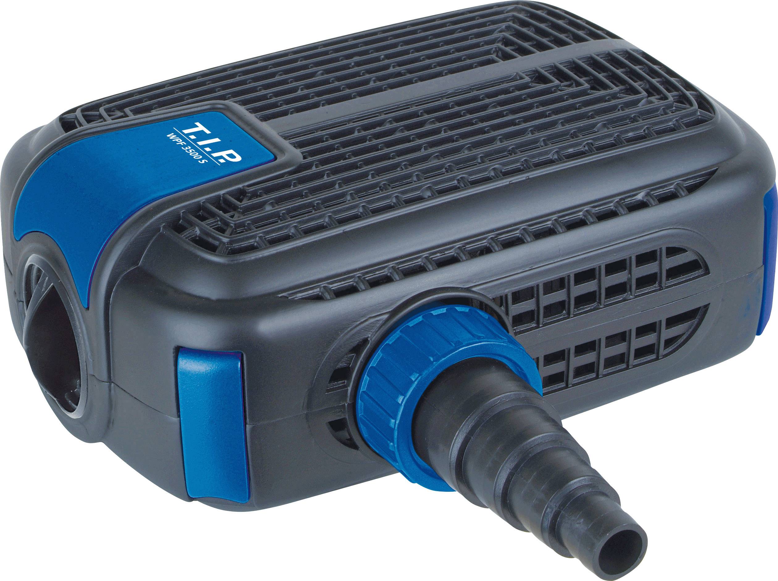 Eine schwarze Wasserpumpe mit blauen Akzenten und einem Schlauchanschluss an der Vorderseite.