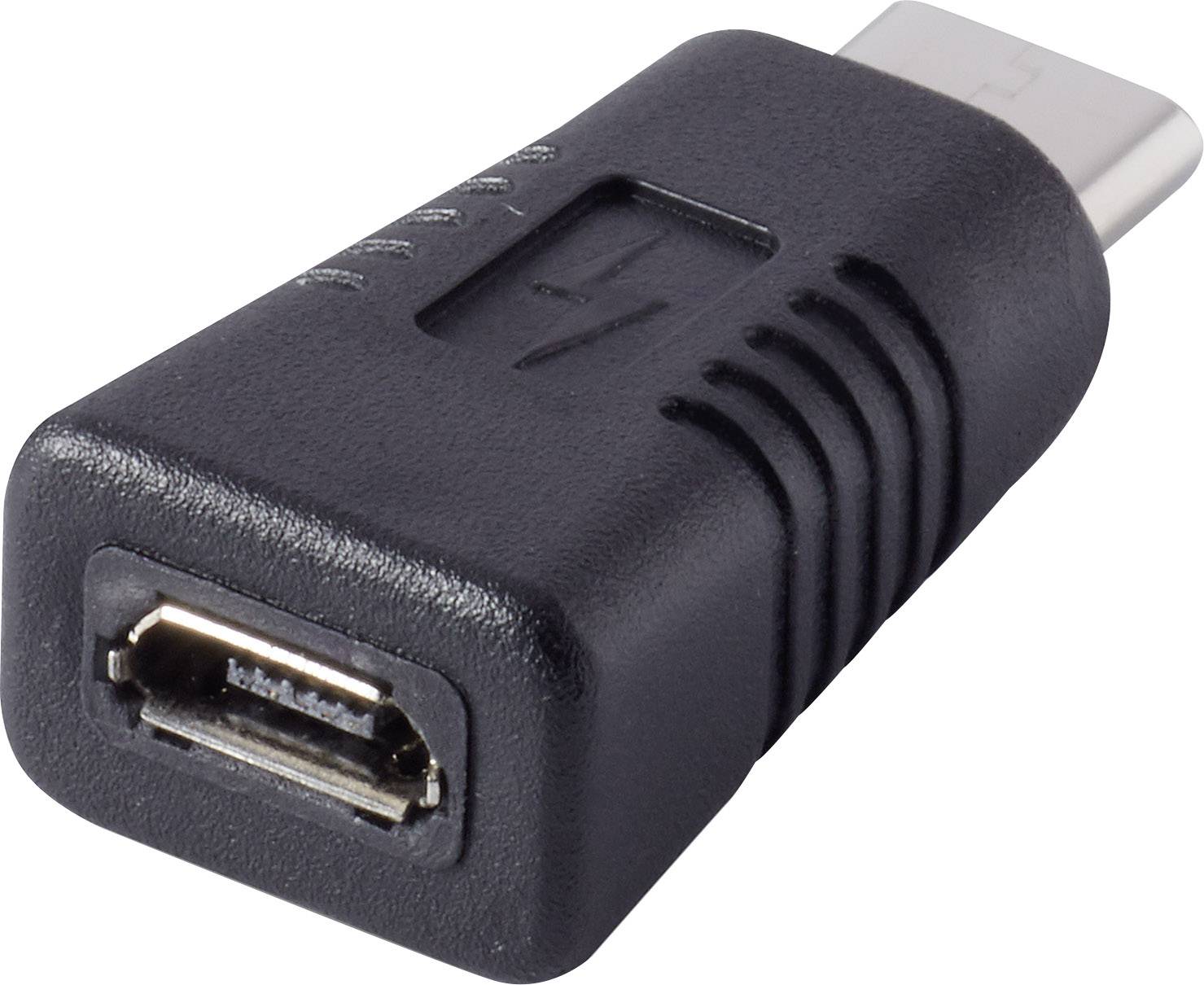 Ein USB-C-zu-Micro-USB-Adapter in Nahaufnahme. Der Adapter ist schwarz mit einer kleinen Lade- und Synchronisierungssymbolkennzeichnung.