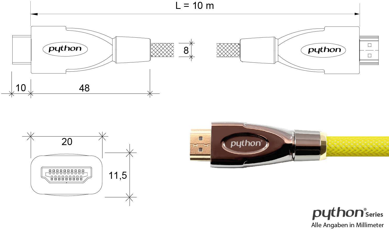 Python HDMI Anschlusskabel 30.00 m Gelb GC-M0035 4K UHD, vergoldete Steckkontakte, Aluminium-Stecker HDMI-Kabel