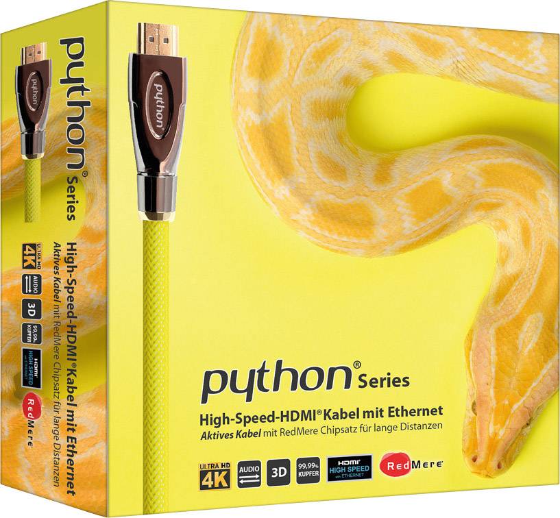 Python HDMI Anschlusskabel 25.00 m Gelb GC-M0034 4K UHD, vergoldete Steckkontakte, Aluminium-Stecker HDMI-Kabel