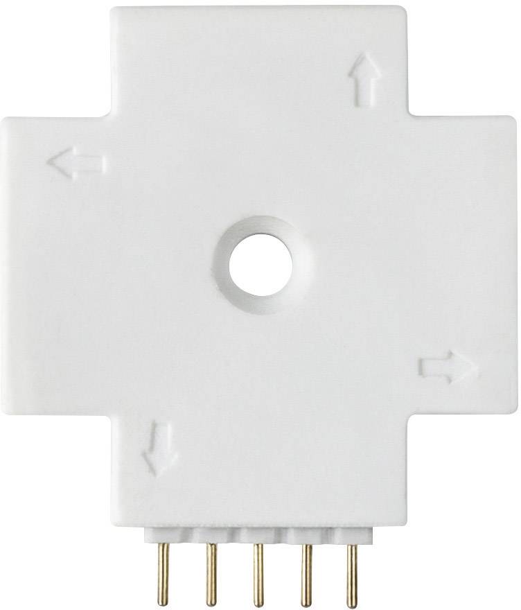 Weißer Plastikadapter mit vier Richtungspfeilen und einem zentralen Loch, unten vier Metallstifte zur Verbindung.