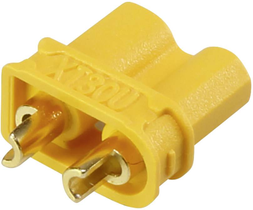 Gelber XT60-Stecker mit zwei Metallkontakten, häufig in Modellbau und bei RC-Anwendungen für sichere elektrische Verbindungen genutzt.