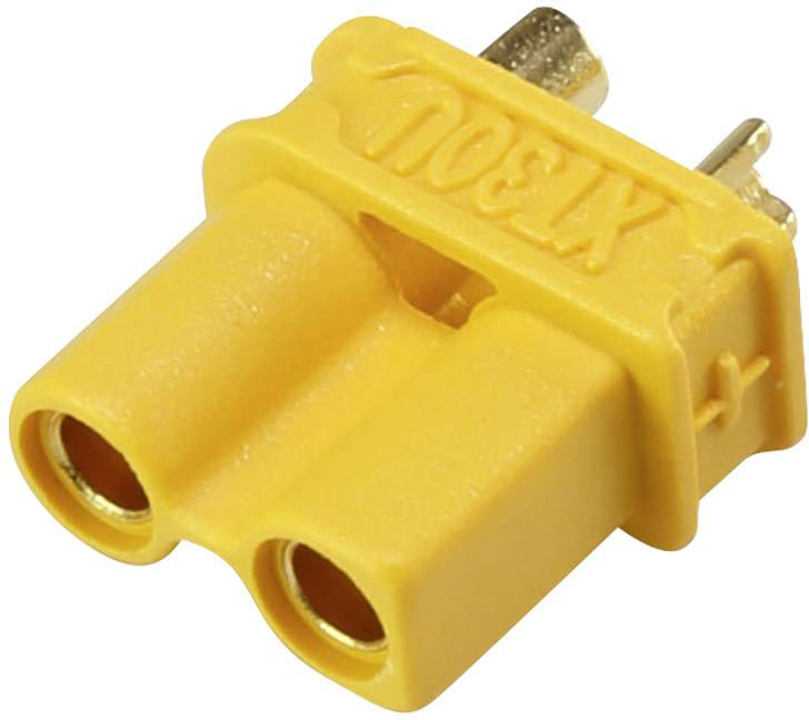 Gelber XT30-Stecker mit zwei Buchsen und goldenen Kontakten, verwendet für elektrische Verbindungen in Modellbau und Drohnenanwendungen.