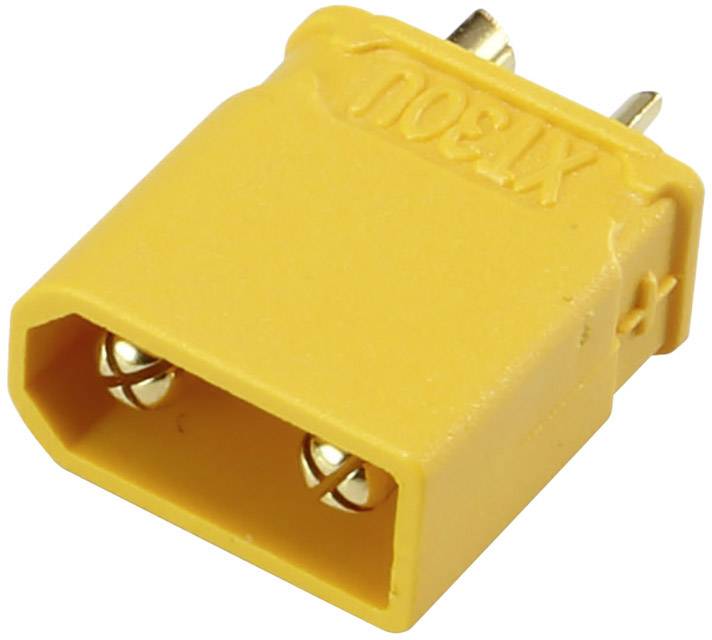 Gelber XT60-Stecker mit zwei Metallkontakten, häufig verwendet für elektrische Anschlüsse in Modellbau- und Drohnenanwendungen.