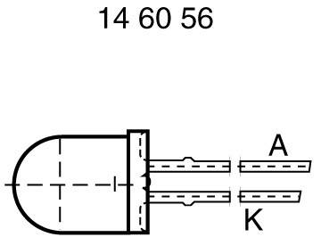 Zeichnung einer Leuchtdiode (LED) mit Anschlüssen. Die Anode ist mit 'A', die Kathode mit 'K' gekennzeichnet.