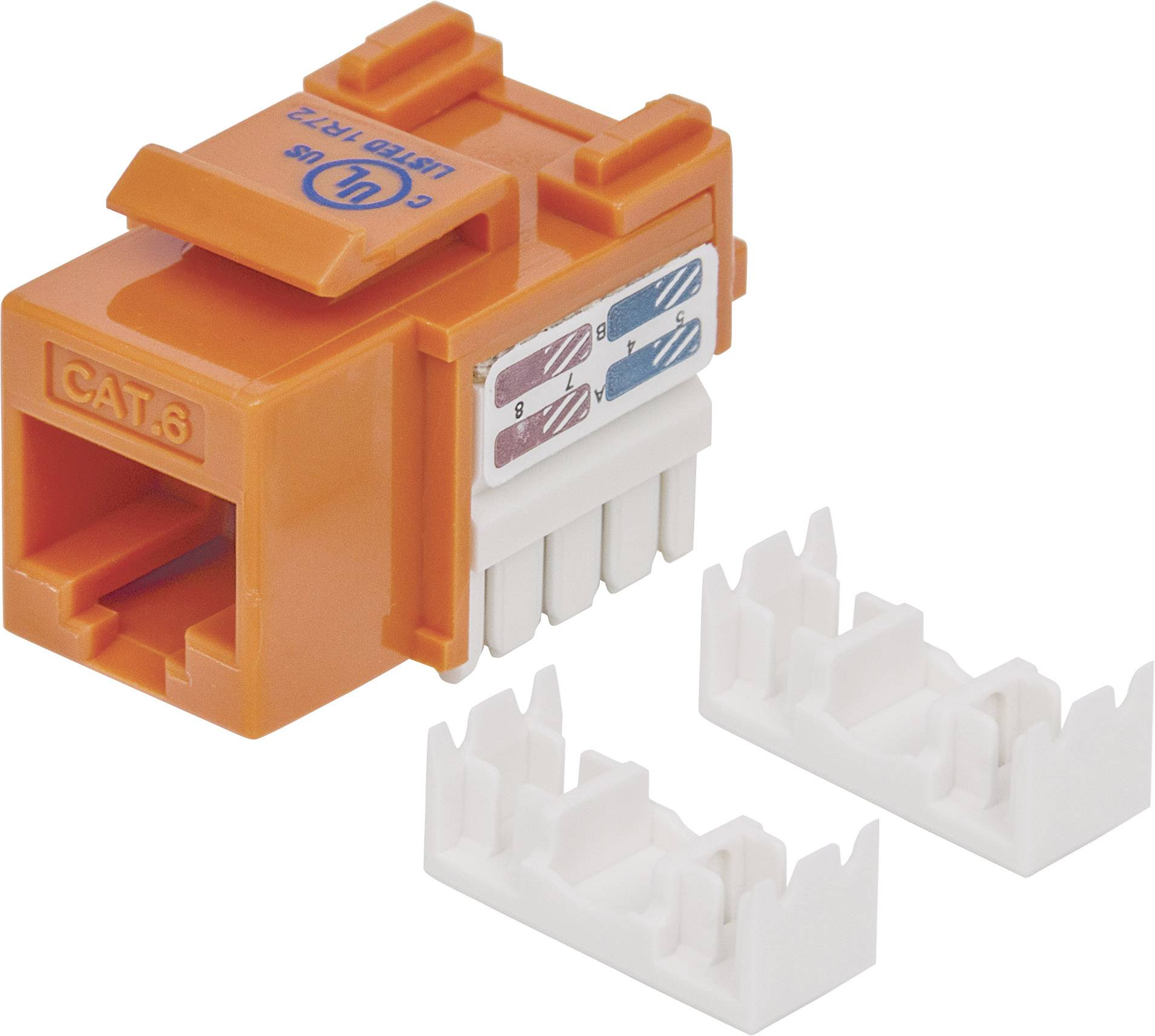 Ein orangefarbenes CAT.6 Keystone-Modul, das zur Netzwerkinstallation verwendet wird, mit zwei weißen Kabelmanagement-Kappen.