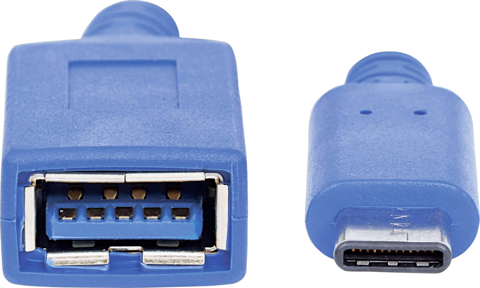 Blauer USB-C-Adapter mit zwei Anschlüssen: USB-A Buchse auf USB-C Stecker.