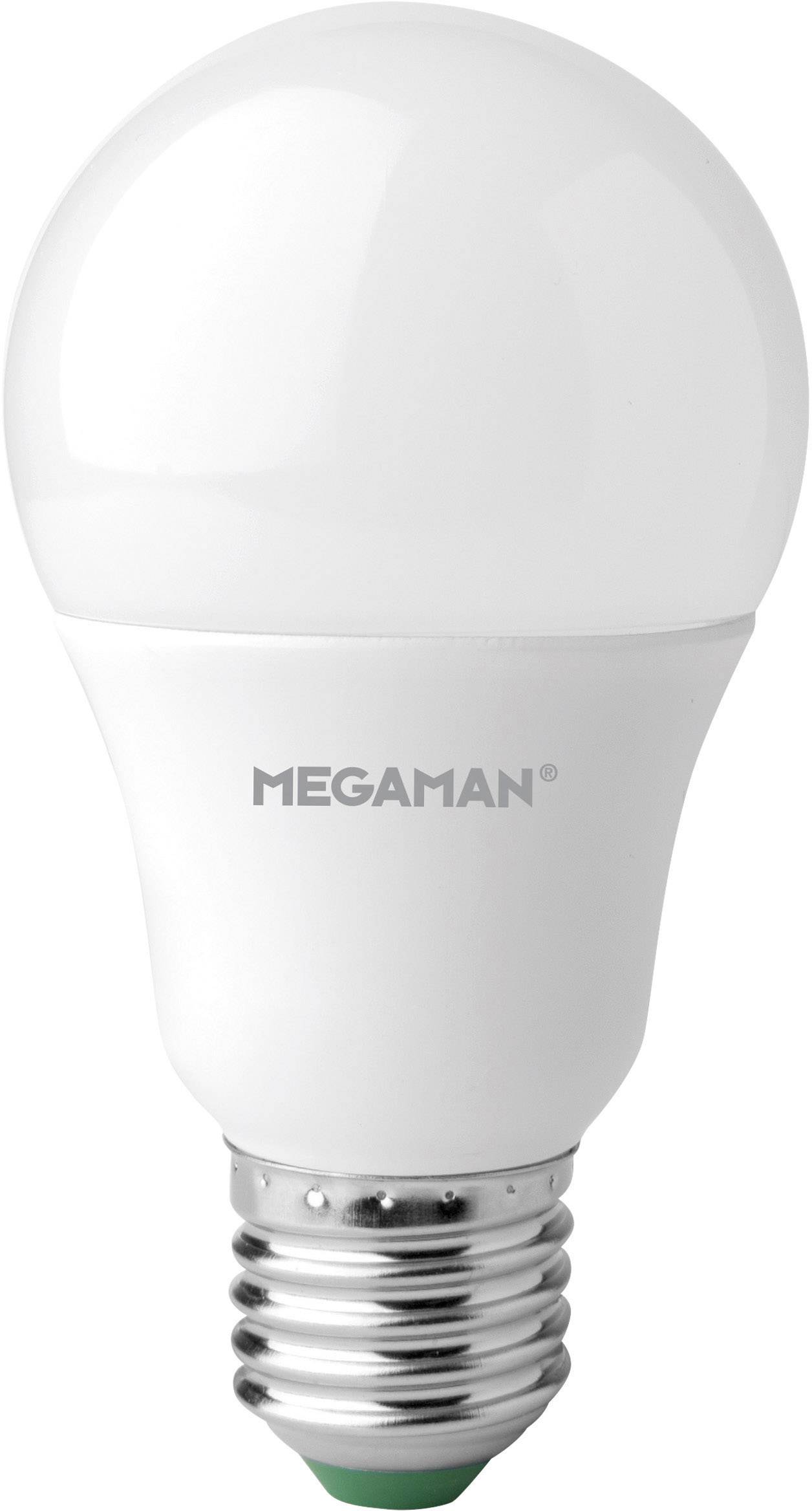 Eine weiße LED-Glühbirne der Marke Megaman mit E27-Fassung, vor einem neutralen Hintergrund.