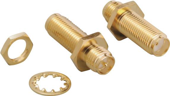 Zwei goldene Koaxialstecker mit Sechskantmuttern und einer geriffelten Unterlegscheibe, geeignet für Antennenverbindungen.