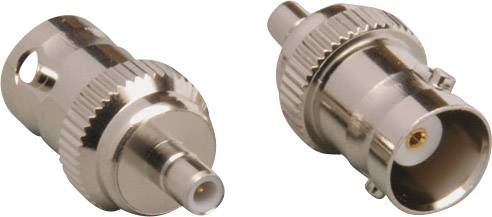 Zwei BNC-Stecker aus Metall liegen nebeneinander. Sie haben einen runden Verriegelungsmechanismus mit einem Stecker in der Mitte.