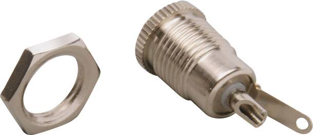 Ein Metallverbindungsstück mit Befestigungsmutter, oft in Elektronik oder Technik verwendet.