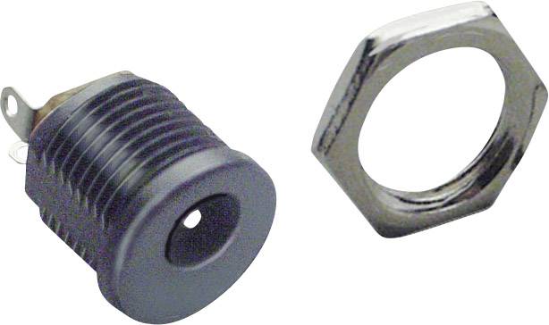 Schwarze Buchse mit Metallring und Gewinde, geeignet für Elektronikgeräte. Zwei Lötanschlüsse zur Befestigung an einer Platine.