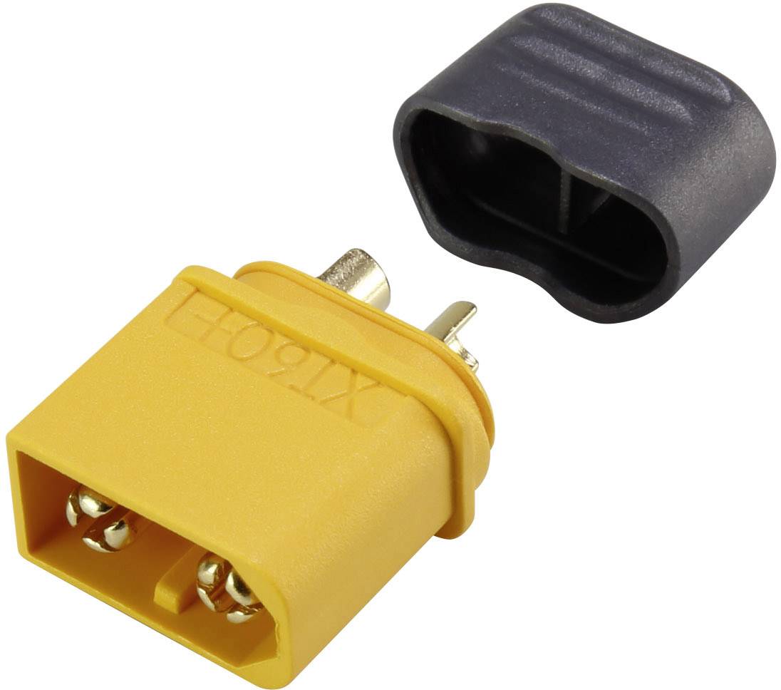 Gelber XT60-Stecker mit schwarzer Abdeckkappe, verwendet für zuverlässige Hochstromverbindungen in elektronischen Anwendungen.