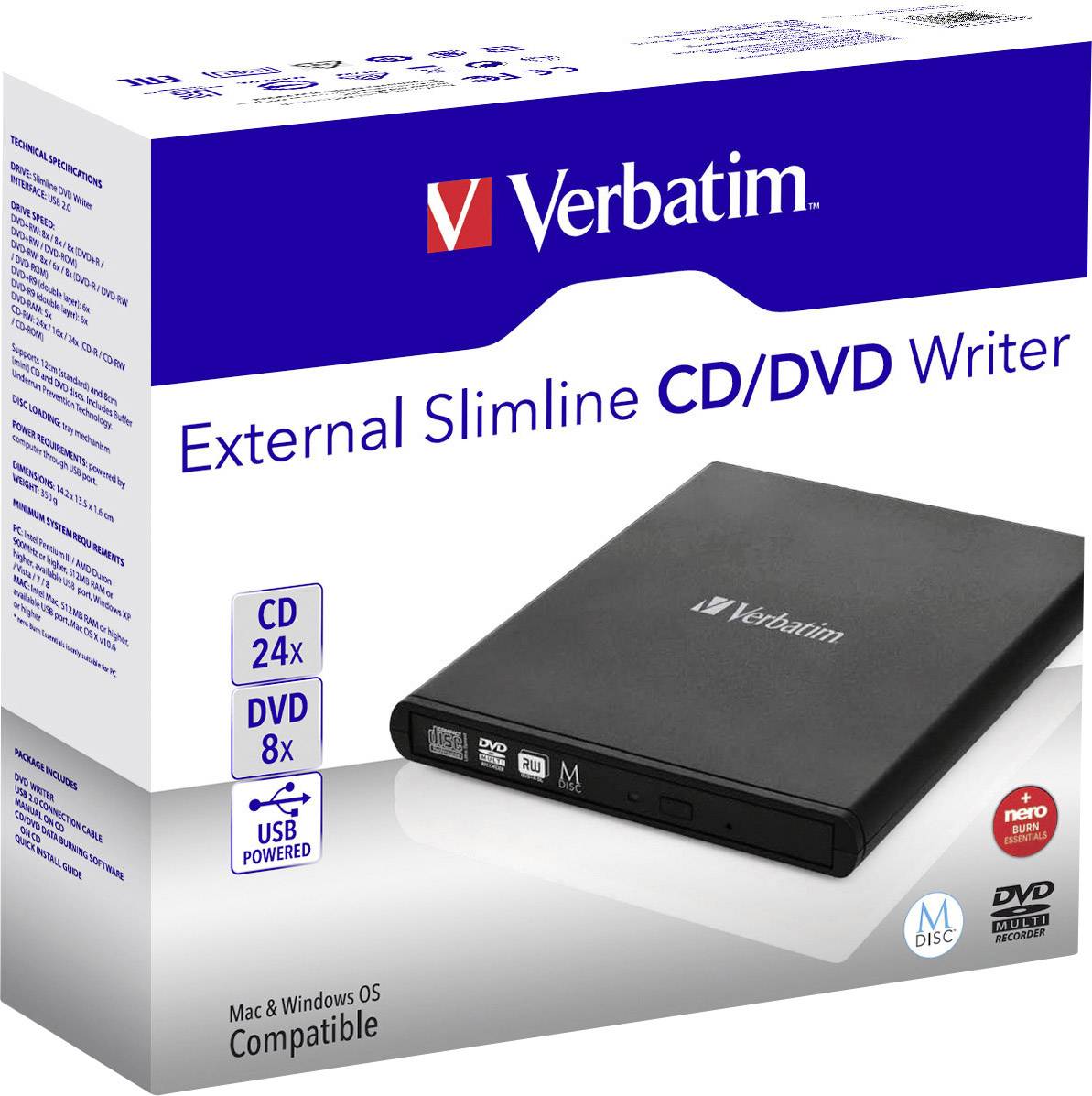 Verbatim 98938 DVD-Brenner Extern Retail USB-A (USB 2.0) Schwarz