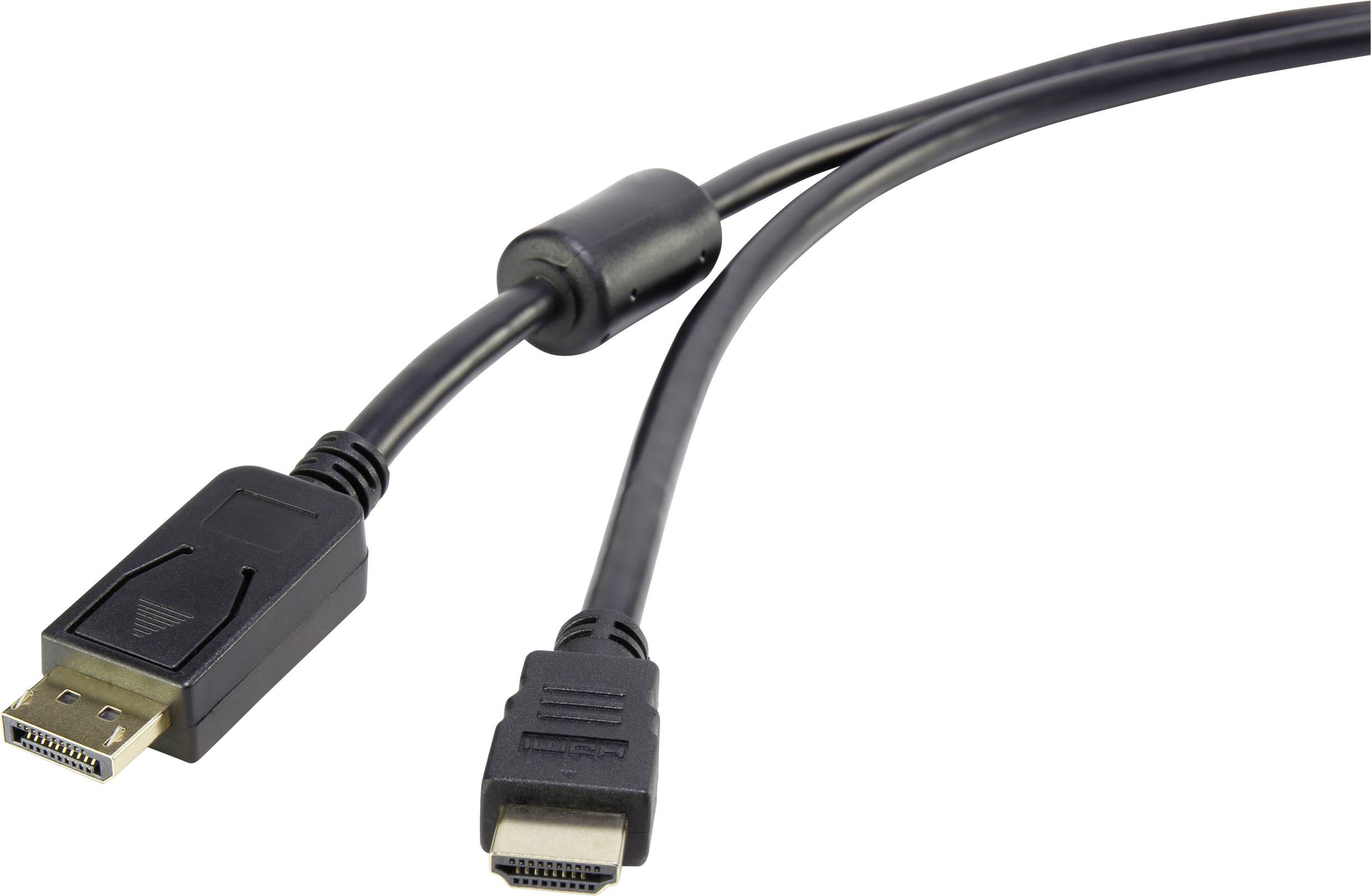 Ein schwarzes Kabel mit einem DisplayPort- und einem HDMI-Anschluss, geeignet zur Übertragung von Video- und Audiosignalen.