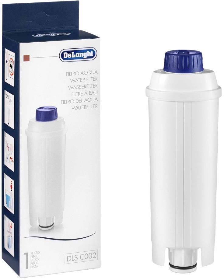 Wasserfilter mit blauer Kappe neben seiner Verpackung. Verpackung zeigt Markenname und die Aufschrift 'Wasserfilter'.